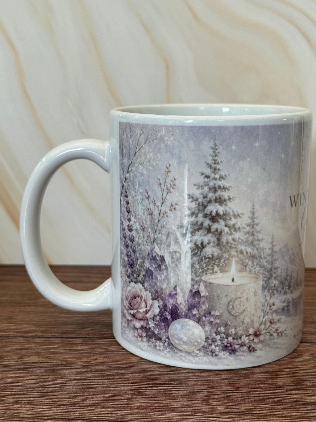 Winter Moon Goddess mug reverse showing candle and crystals artwork