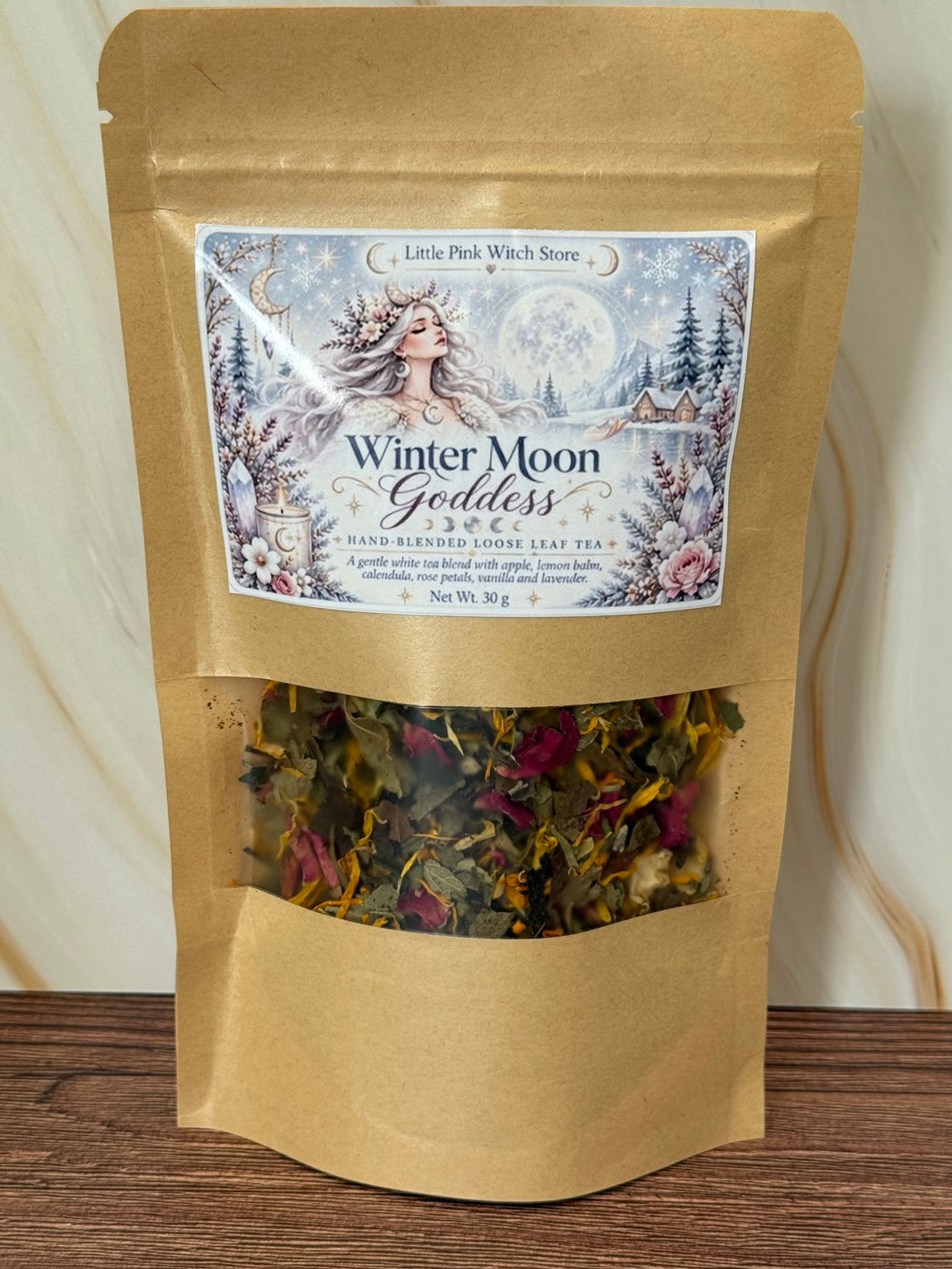 Winter Moon Goddess loose-leaf tea pouch front