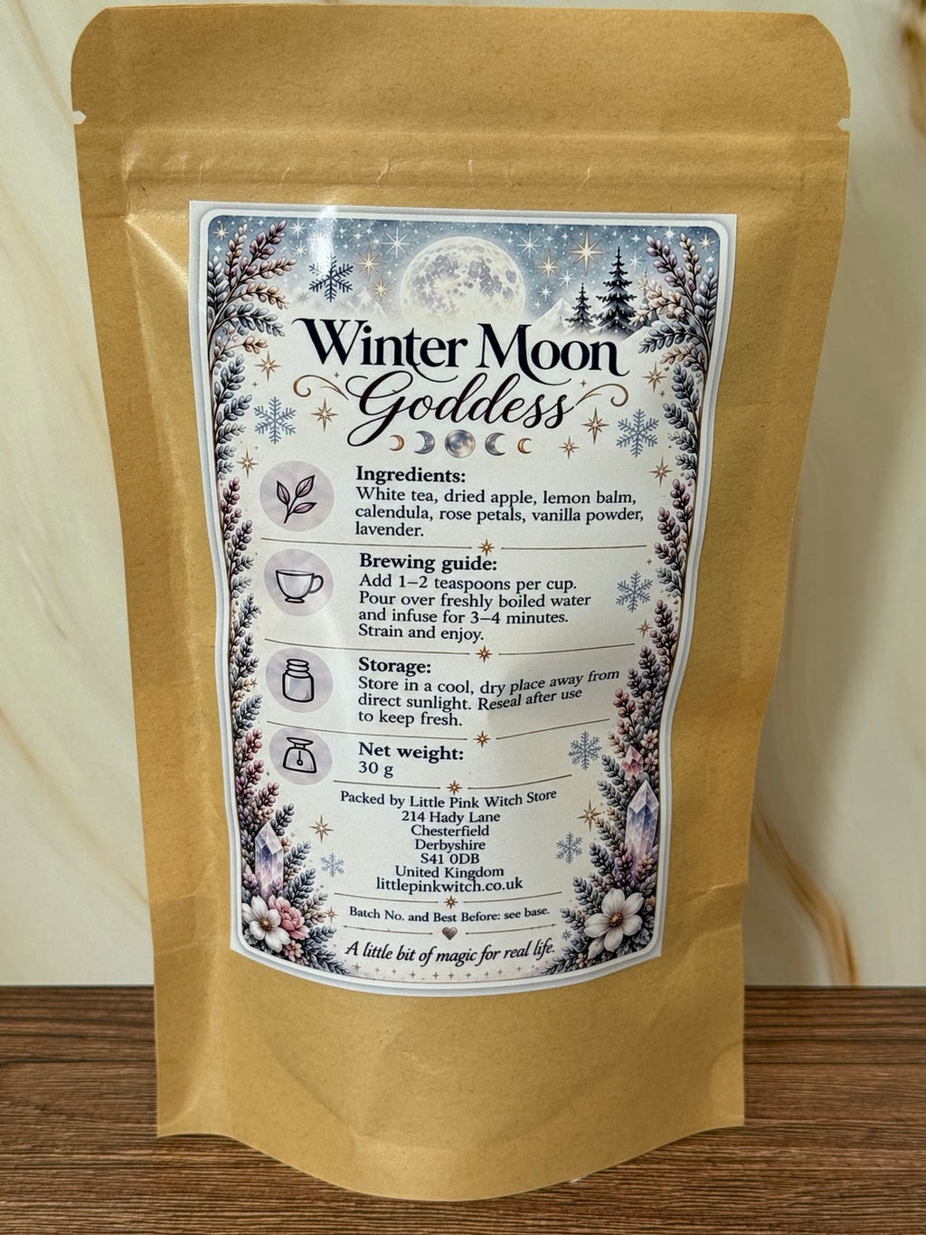 Winter Moon Goddess tea ingredients and brewing instructions on back label