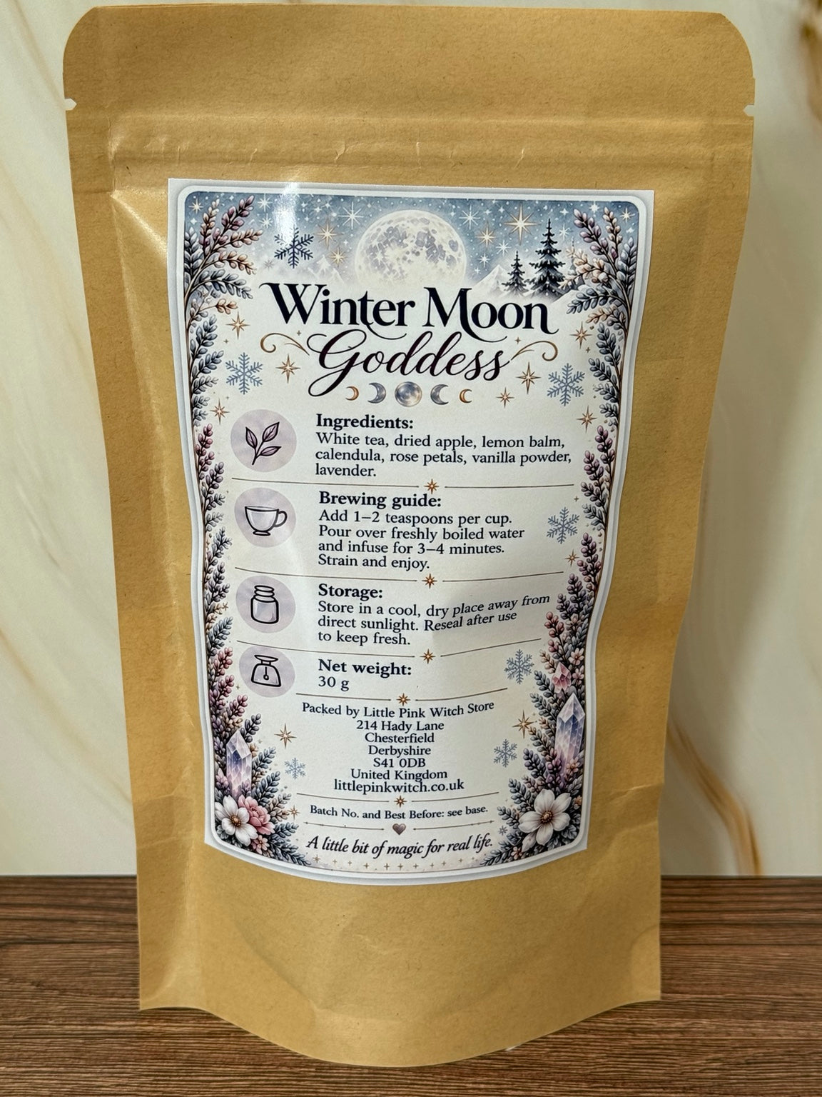 Winter Moon Goddess tea ingredients and brewing instructions on back label