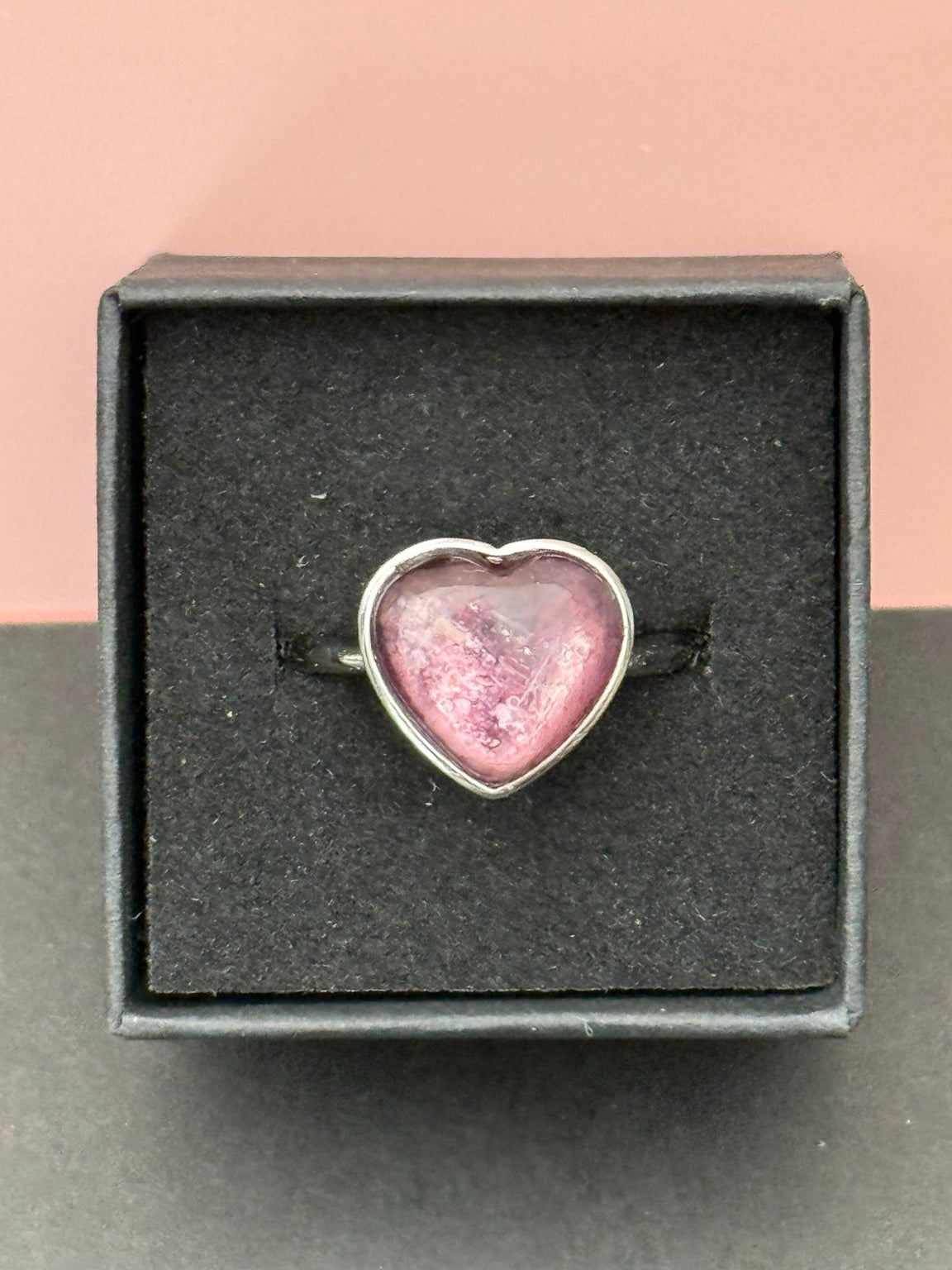 Actual lepidolite heart ring with natural markings