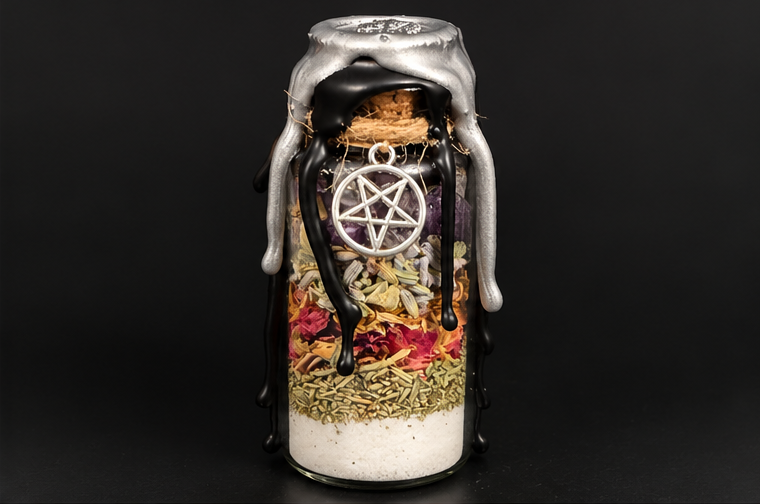 Samhain spell jar on clean black background