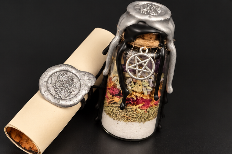 Samhain jar and silver wax sealed ritual scroll