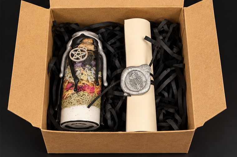 Samhain spell jar and scroll in kraft gift box