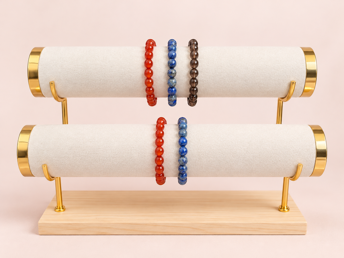 A Little Bit Braver crystal bracelet pairing and trio on stand