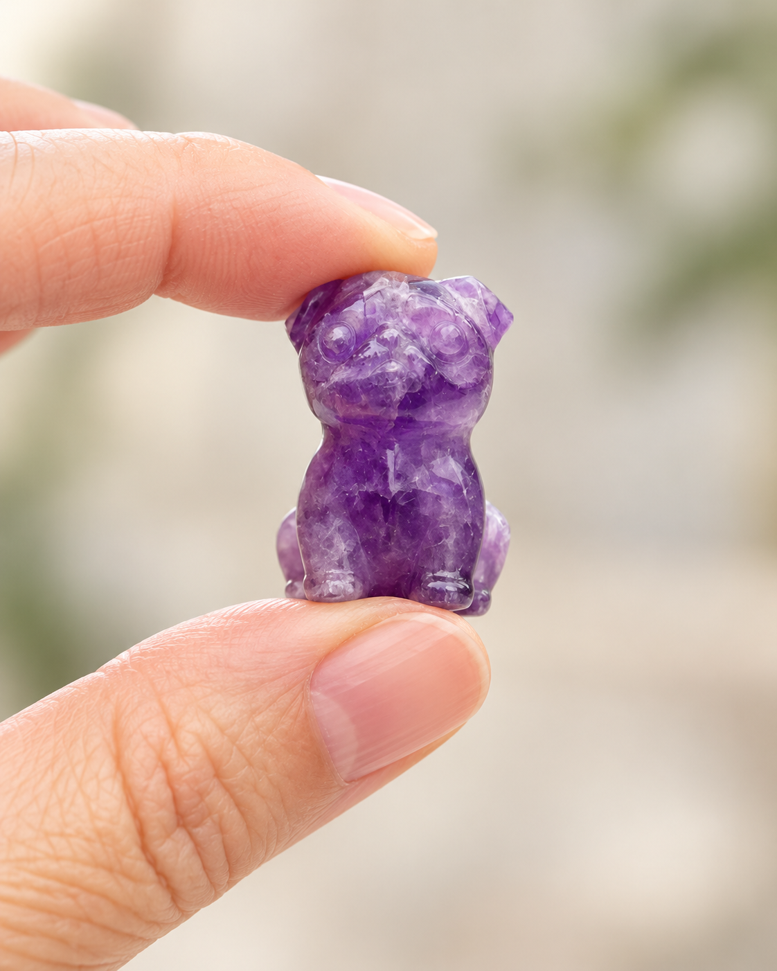 Amethyst mini crystal pug shown in hand for scale
