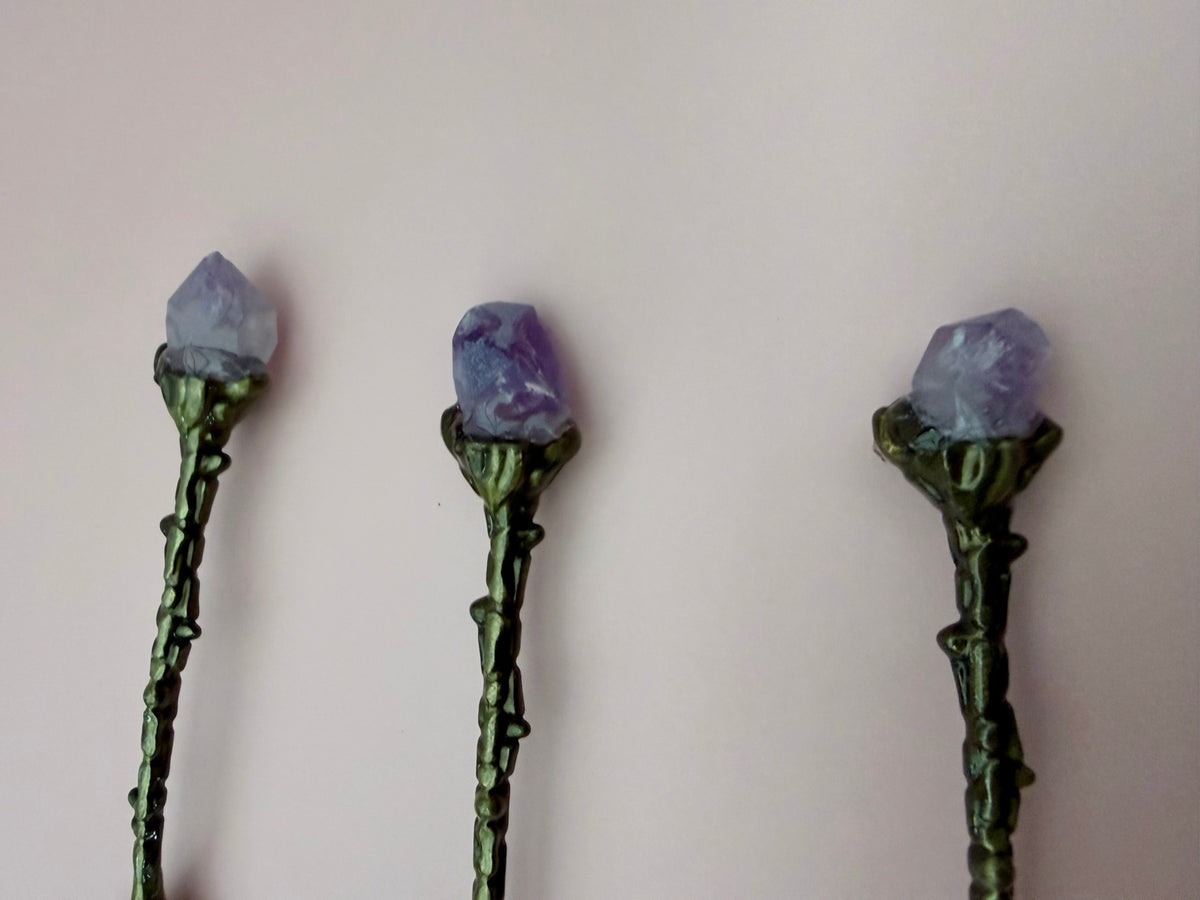 Natural amethyst crystal tips on potion spoons