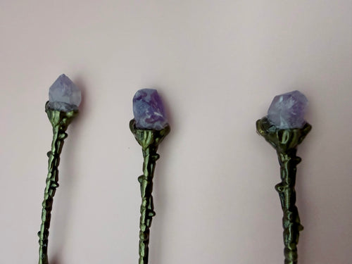 Natural amethyst crystal tips on potion spoons