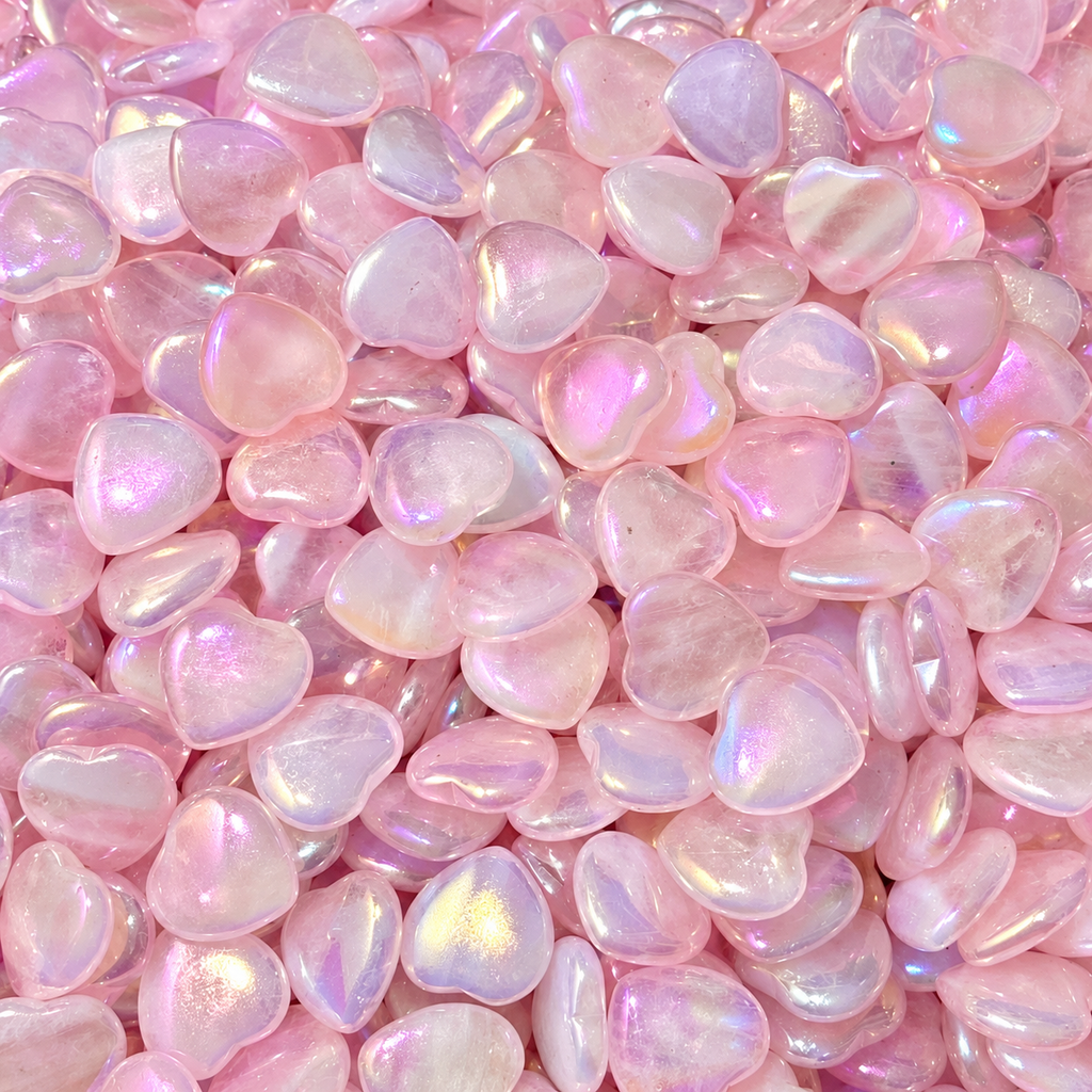 Aura Rose Quartz heart stones close-up