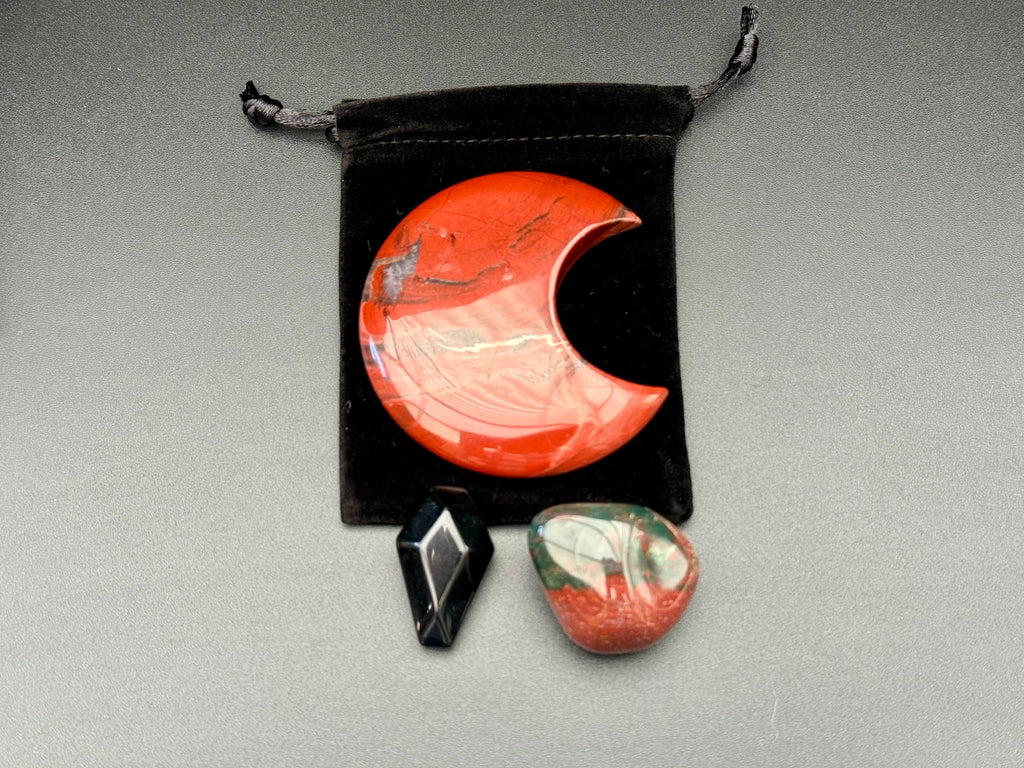 Red jasper moon, bloodstone, obsidian coffin and pouch