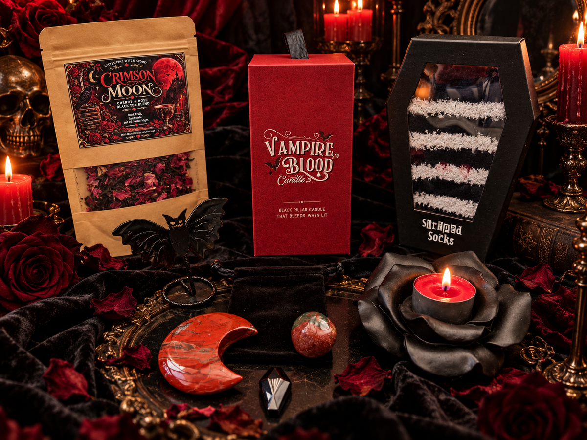 Crimson Moon gothic gift bundle with tea, Vampire Blood candle, striped socks, crystals and candlelight