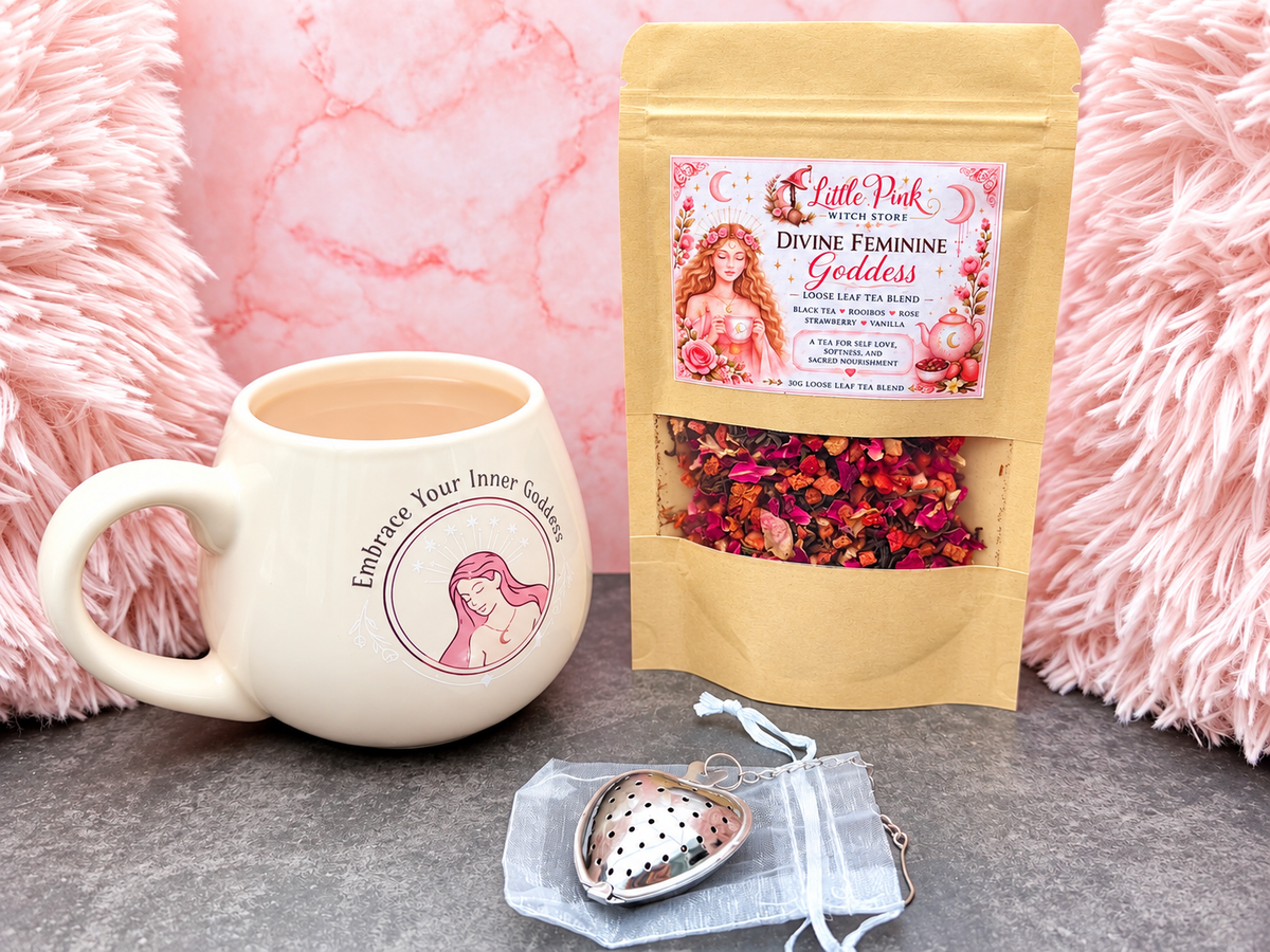 Divine Feminine Goddess tea ritual set with mug, loose leaf tea and heart tea strainer