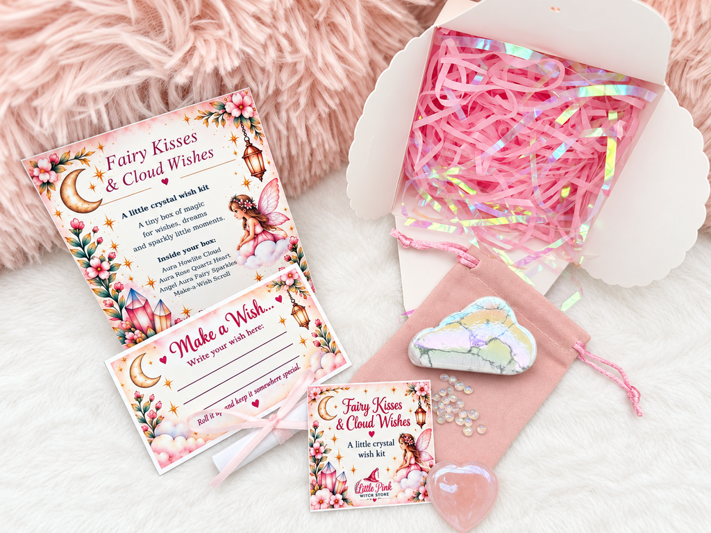 Fairy Kisses & Cloud Wishes crystal wish kit laid out with open gift box
