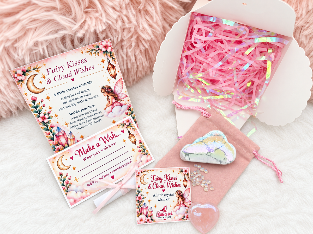 Fairy Kisses & Cloud Wishes crystal wish kit laid out with open gift box