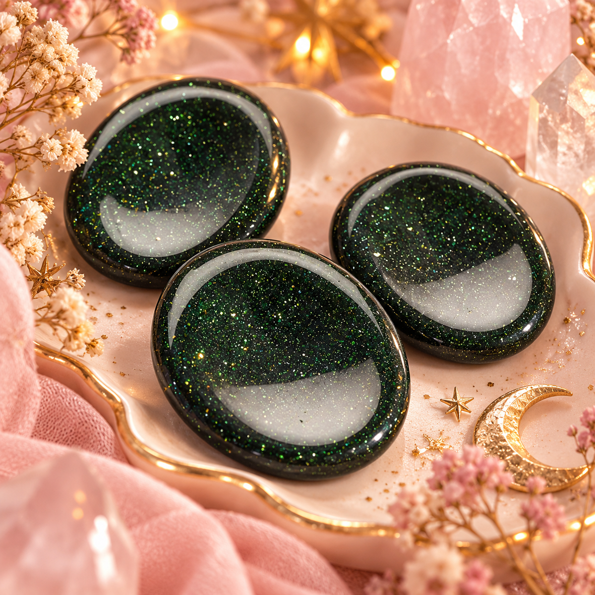 Green Goldstone worry stones styled in Little Pink Witch colours