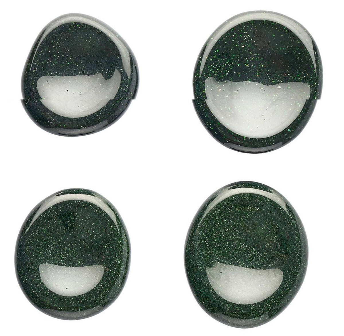 Green Goldstone worry stones showing natural variation in shape
