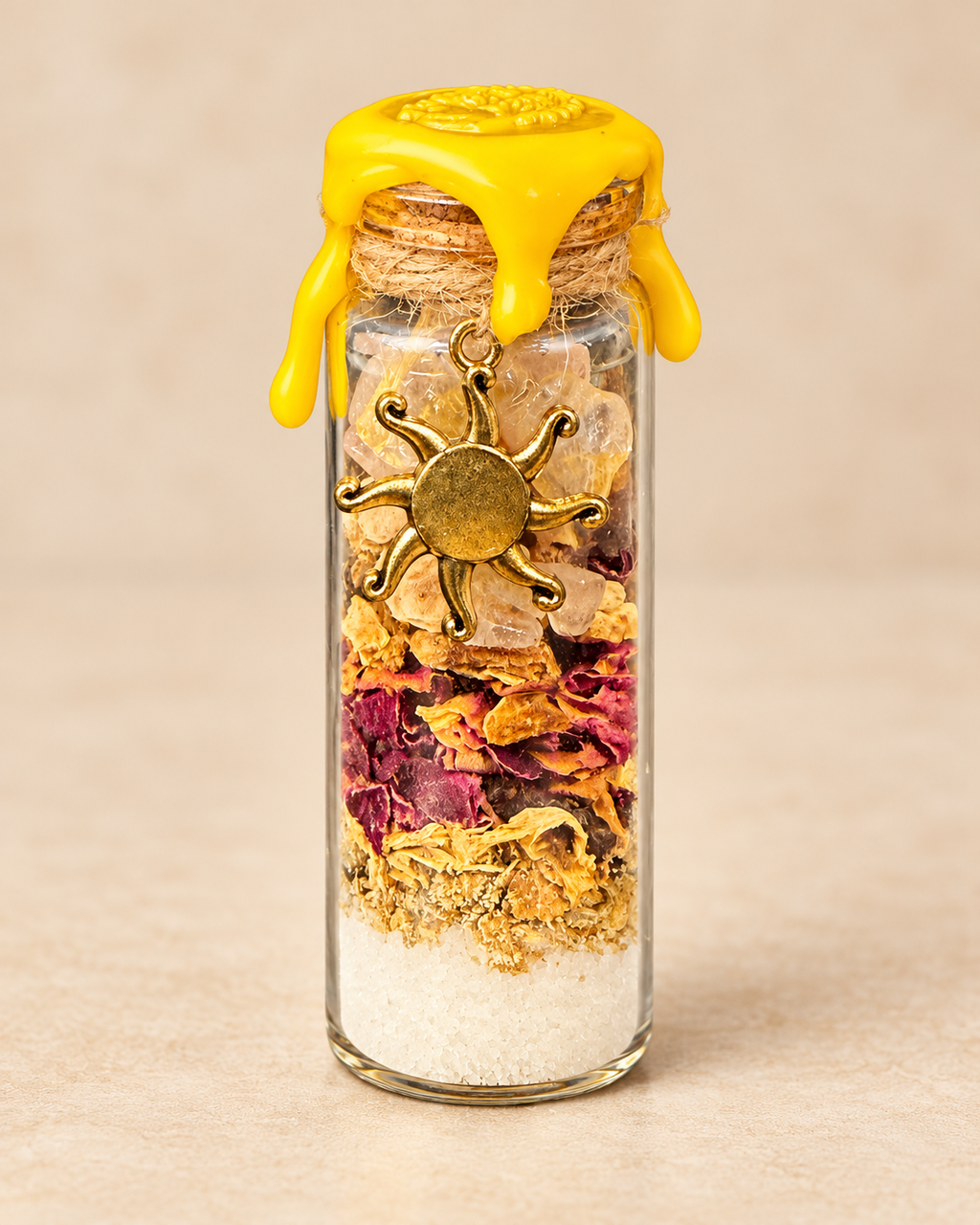 Happiness spell jar yellow wax and sun charm