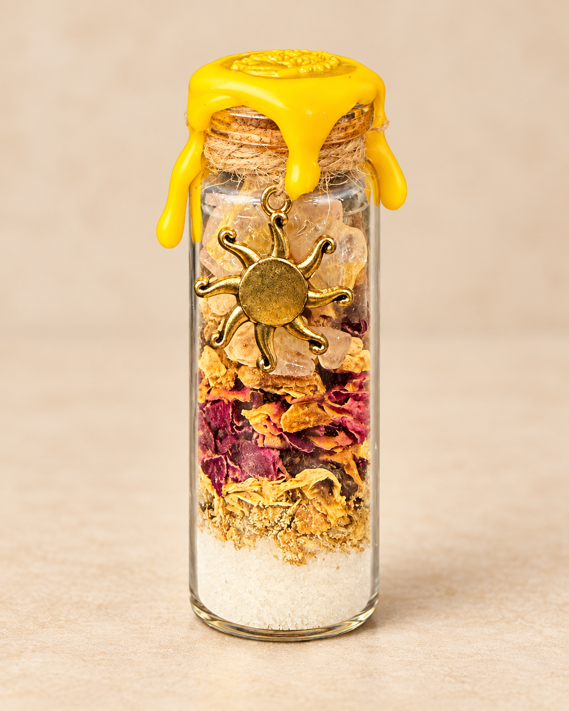 Happiness spell jar yellow wax and sun charm