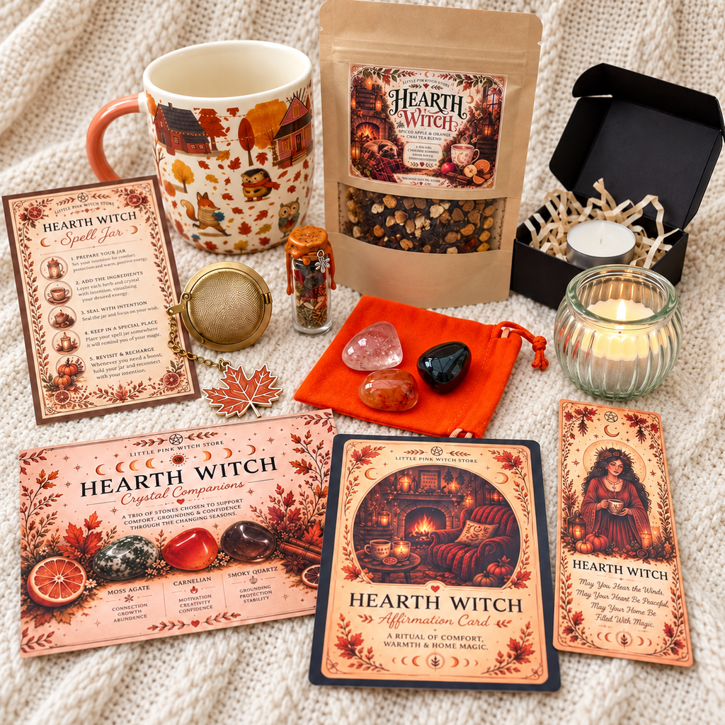 Hearth Witch bundle with tea, mug, crystals, spell jar, candle and ritual cards