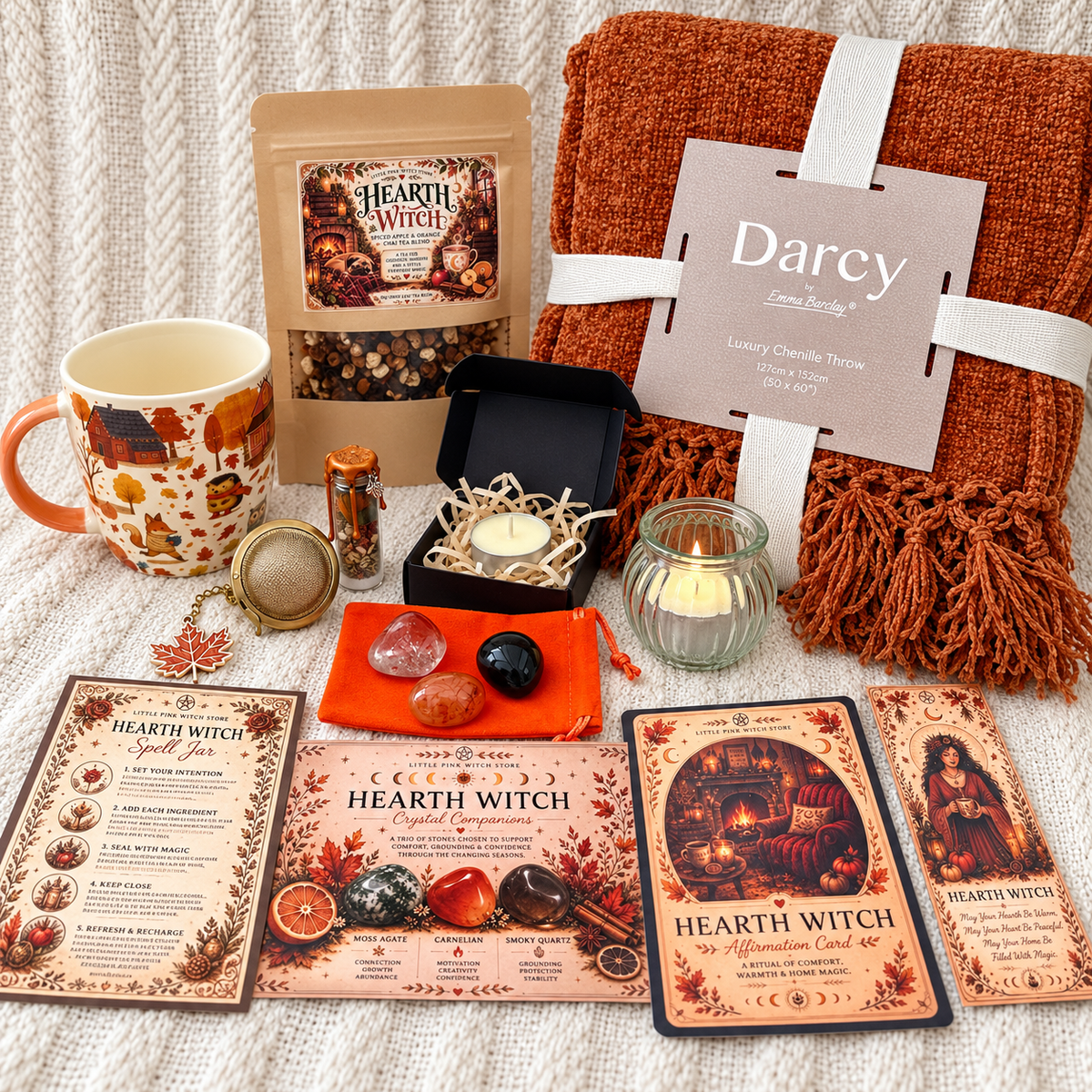 Deluxe Hearth Witch bundle with chenille throw, tea, mug, crystals, spell jar, candle and ritual cards