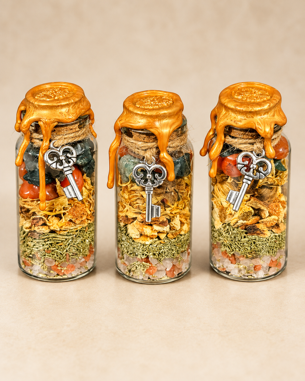 Three handmade Hearth Witch spell jars