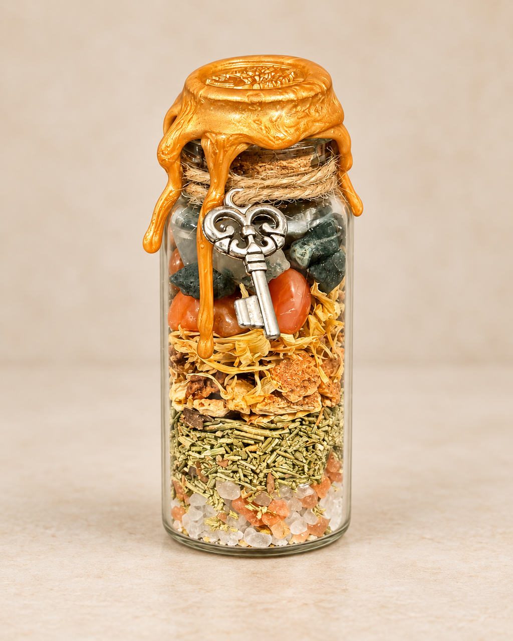 Hearth Witch spell jar antique gold wax and silver key