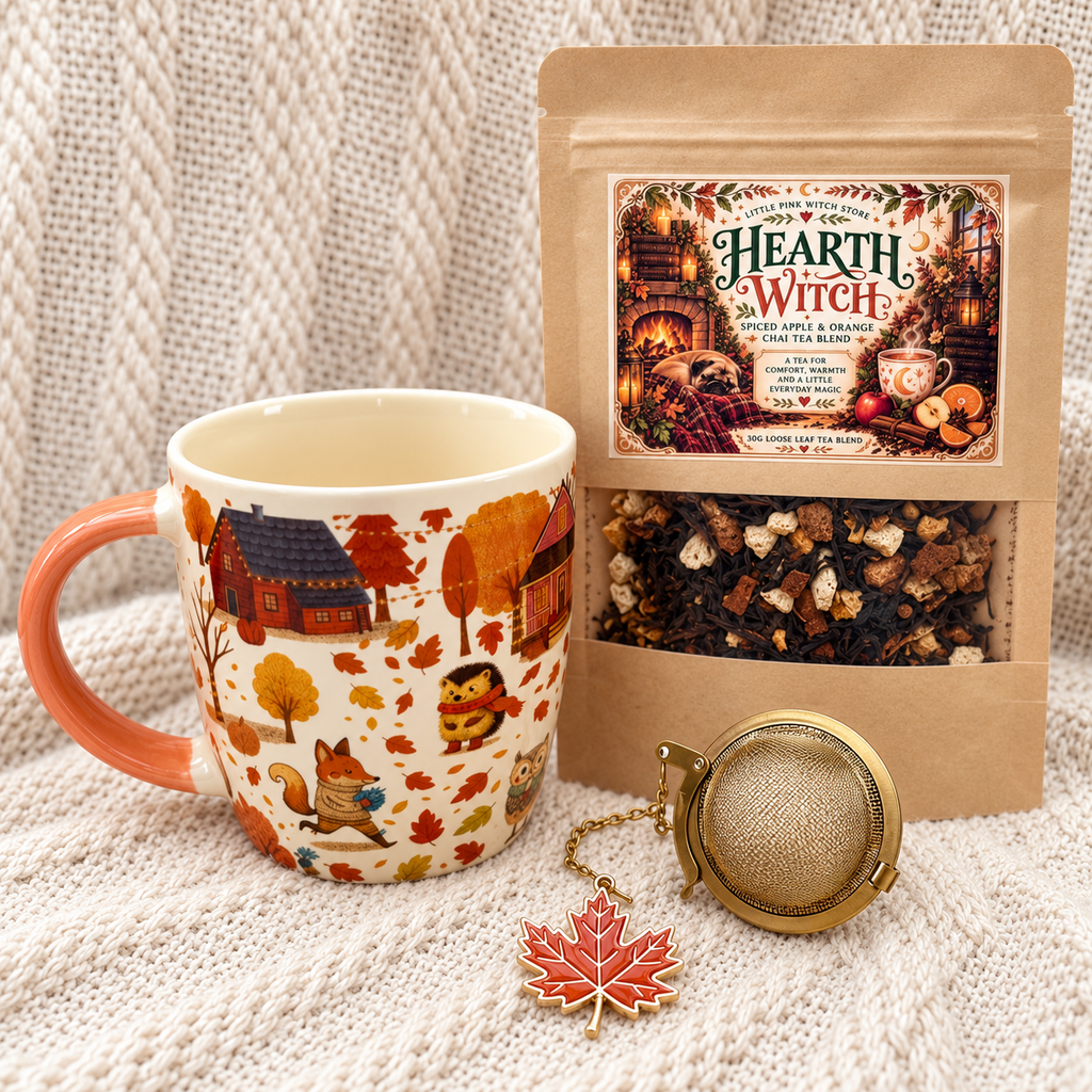 Hearth Witch tea bundle with autumn mug, loose leaf tea and brass tea infuser