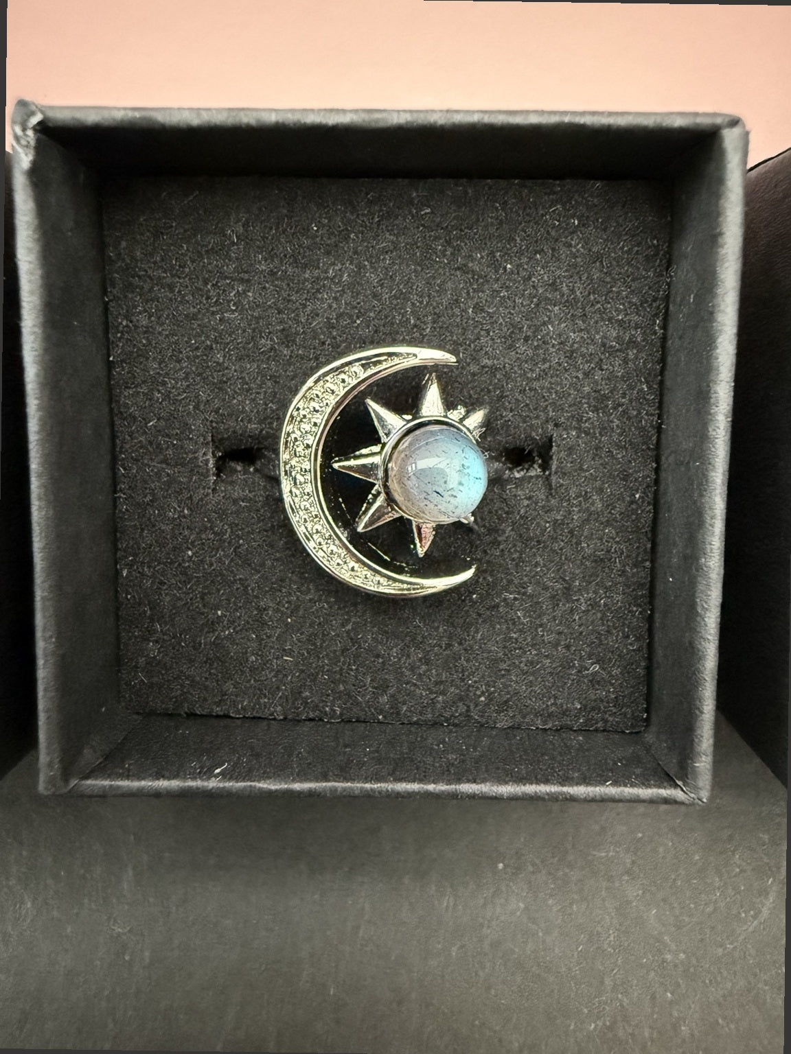 Actual labradorite sun and moon ring, individual view 1