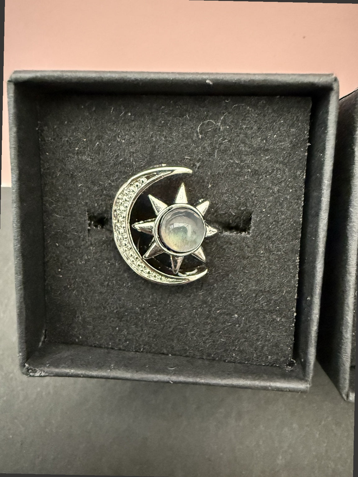 Actual labradorite sun and moon ring, individual view 2