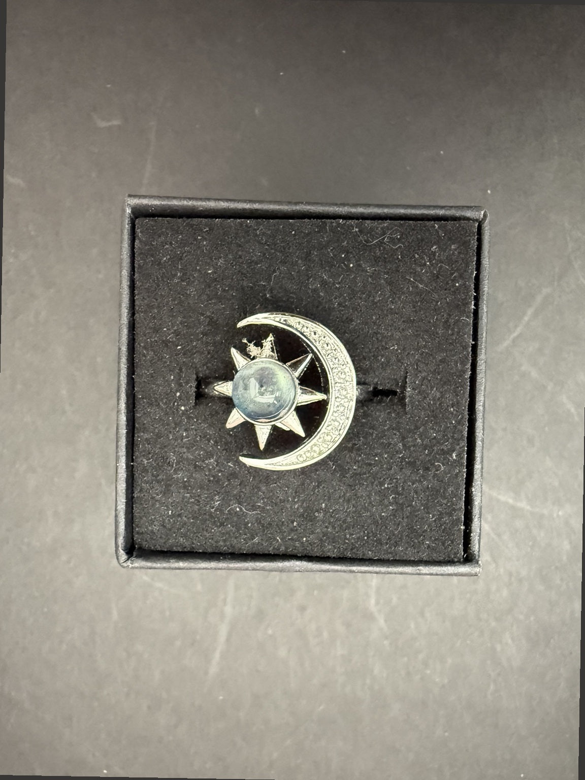 Actual labradorite sun and moon ring, individual view 3