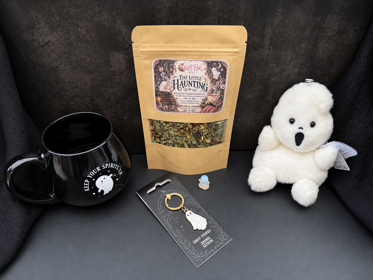 The Little Haunting ghost gift bundle with tea, mug, plush ghost, keyring and mini opalite ghost