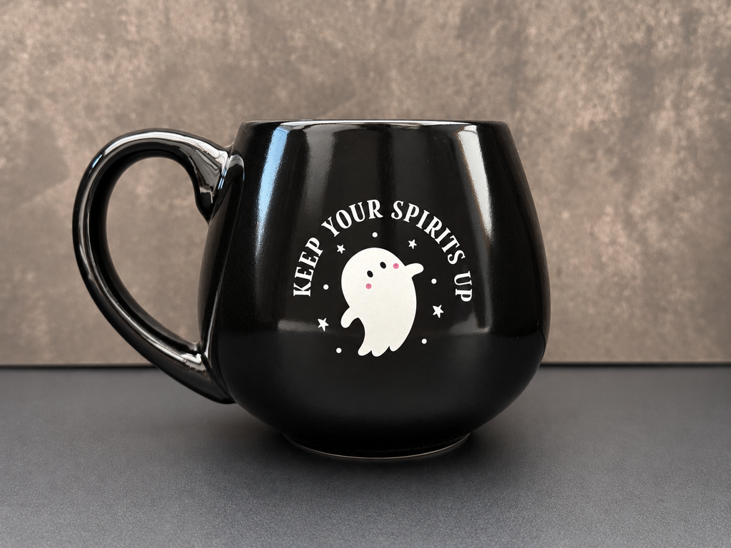 Keep Your Spirits Up black ghost mug