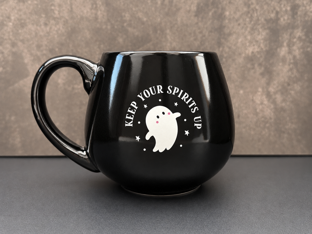 Keep Your Spirits Up black ghost mug