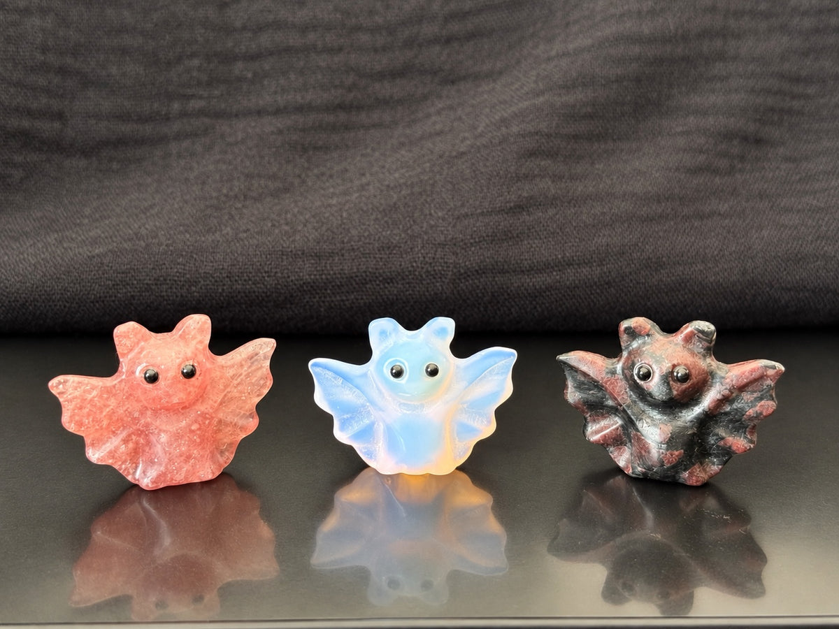 Strawberry Quartz, Pink Opalite and Garnet mini bat carvings