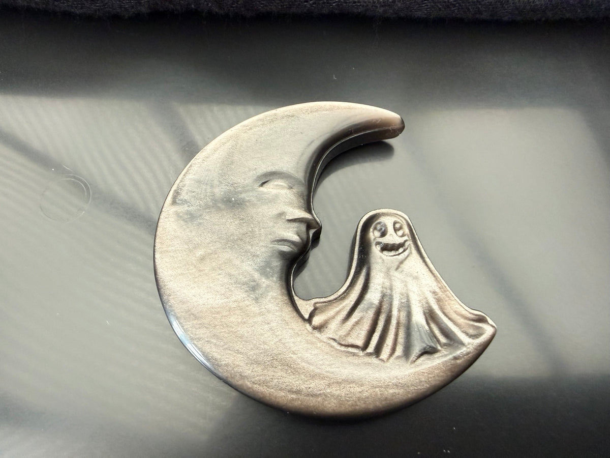 Silver Sheen Obsidian moon and ghost carving