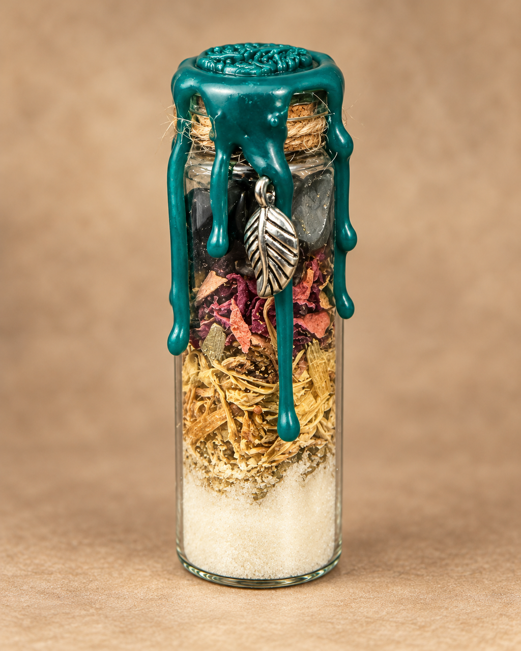 Hedge Witch spell jar with dark green wax seal and silver leaf charm