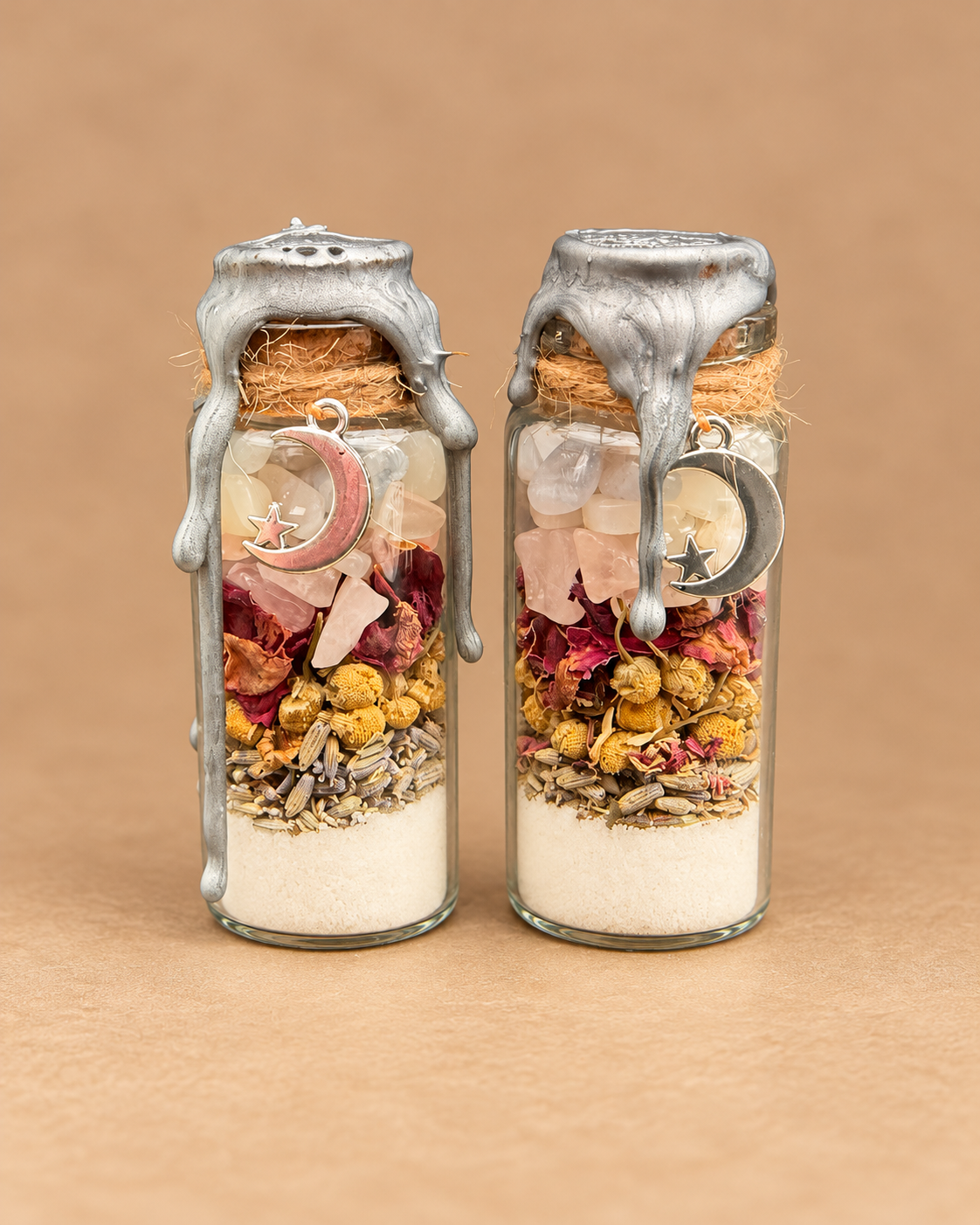Two handmade Whispers of Moonlight spell jars showing available examples; sold individually