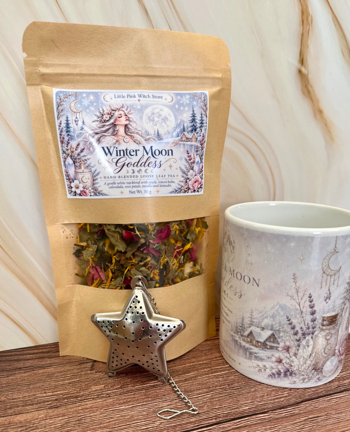 Actual Winter Moon Goddess tea pouch, matching mug and silver star tea infuser
